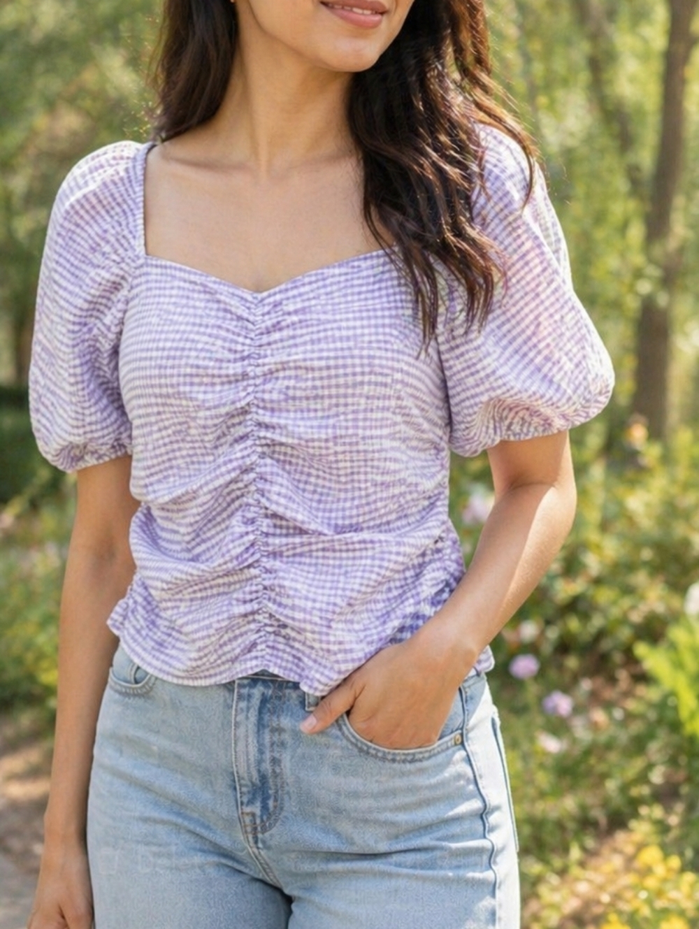 NWT Reitmans Lavender Gingham Ruched Top Puff Sleeve Sweetheart Neck Blouse
